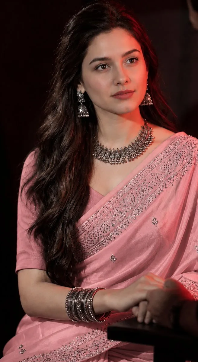 Portrait of a woman in a pink saree with silver jewelry and dramatic lighting.