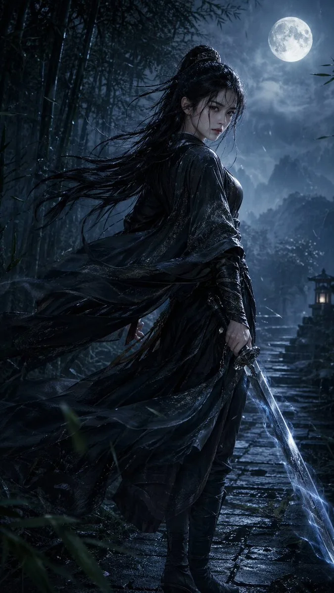 A fierce wet-haired wuxia heroine holding a glowing sword in a moonlit bamboo forest.