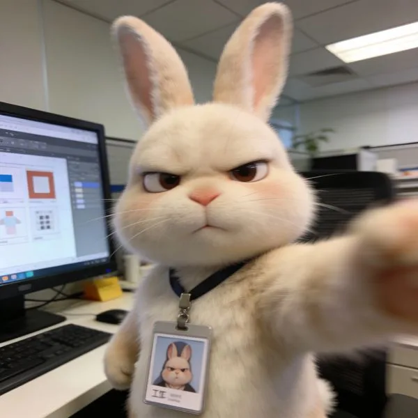 A tired anthropomorphic rabbit taking an office selfie with a badge.