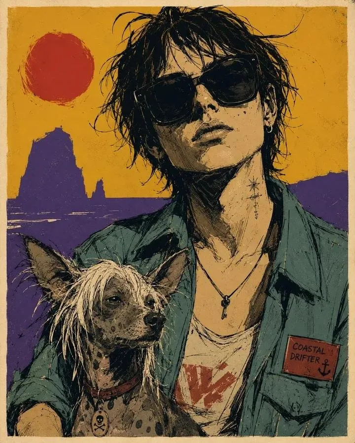 Raw sketchy graphic portrait of a person and an animal in a minimalist poster style.