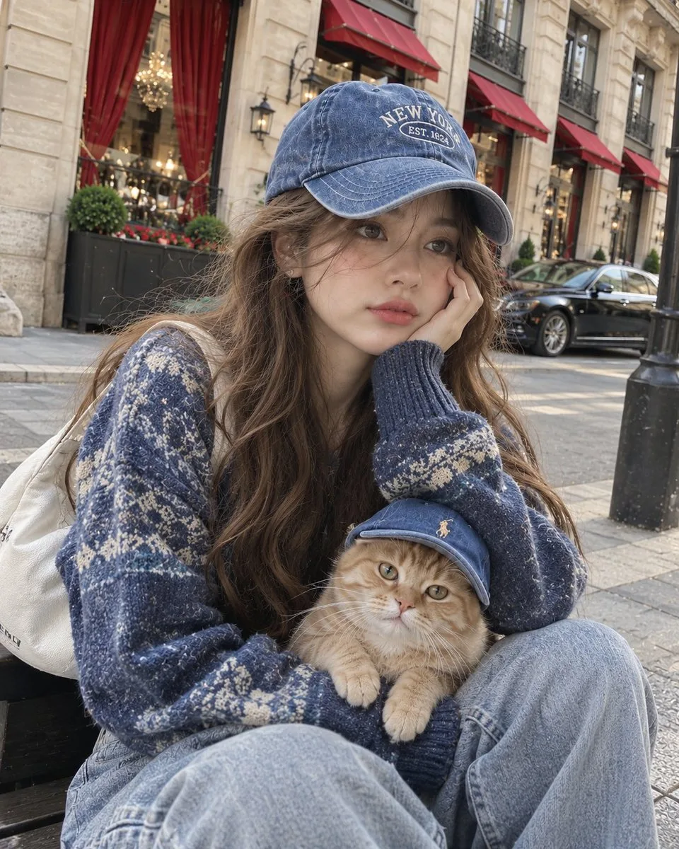 A woman and a ginger cat wearing matching blue baseball caps in a city selfie.