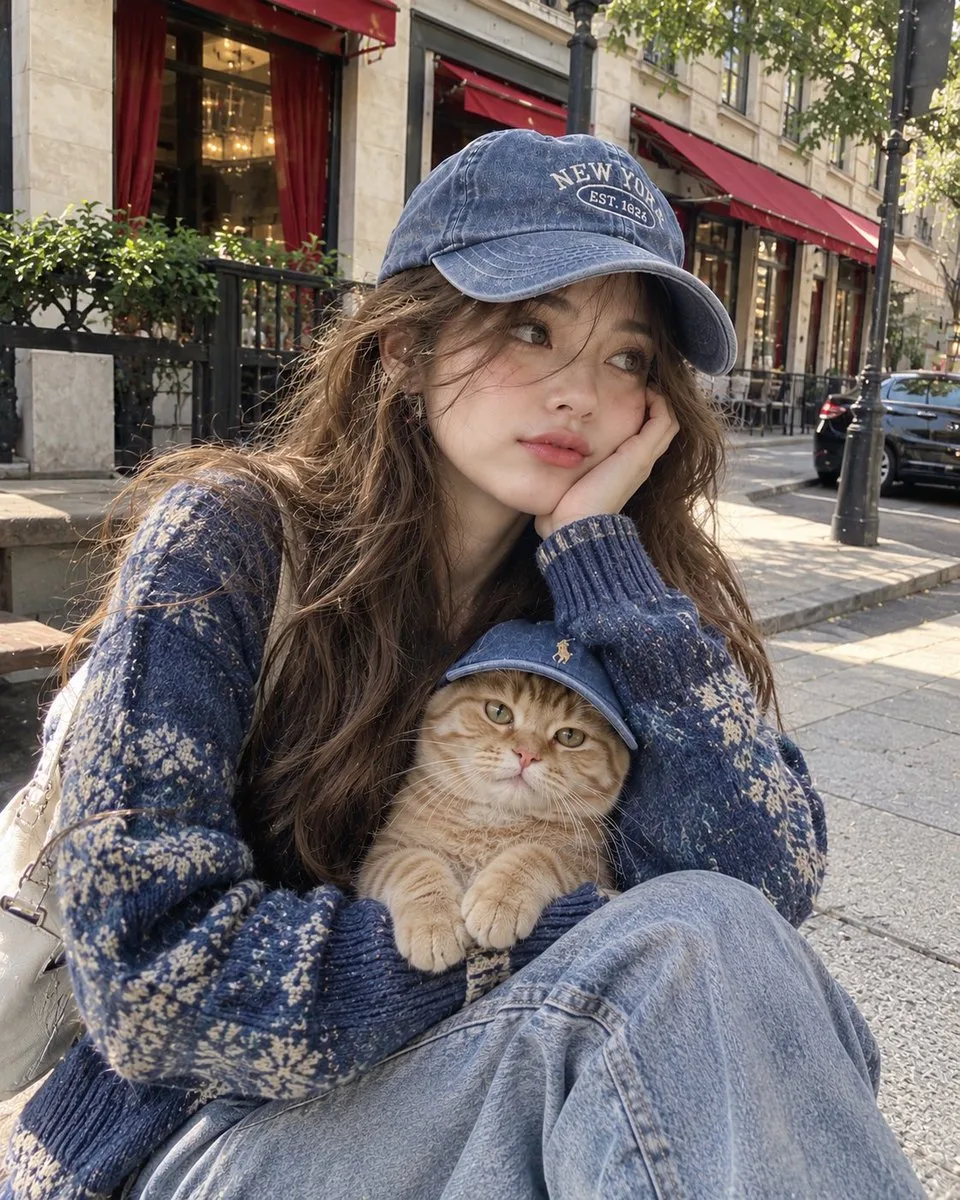 A woman and a ginger cat wearing matching blue baseball caps in a city selfie. (2)
