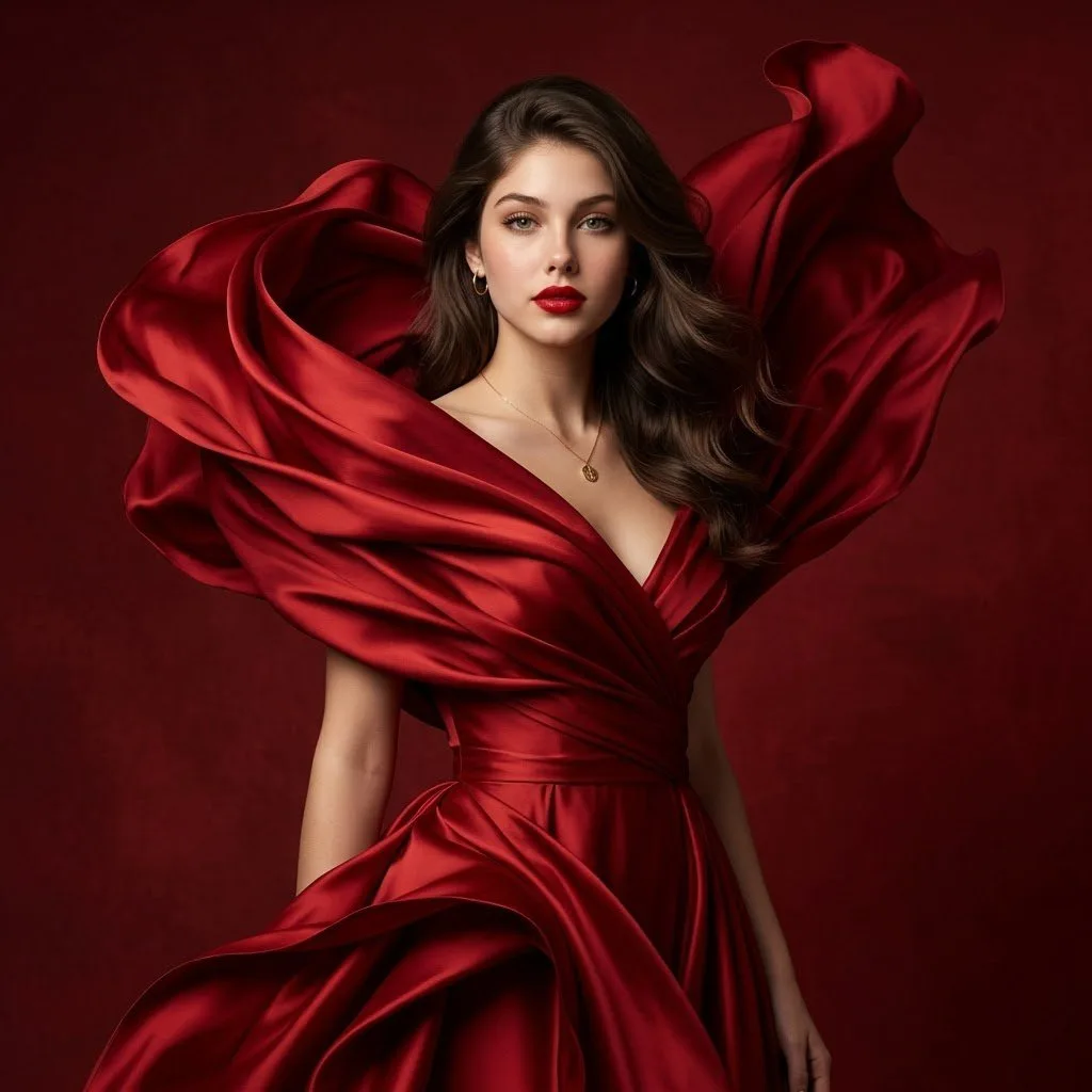 A woman in a sculptural crimson silk gown posing for a luxury fashion portrait.