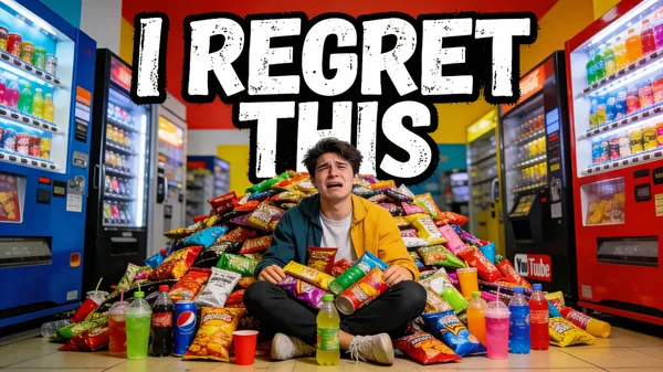 YouTuber surrounded by a pile of vending machine snacks with a pained expression.