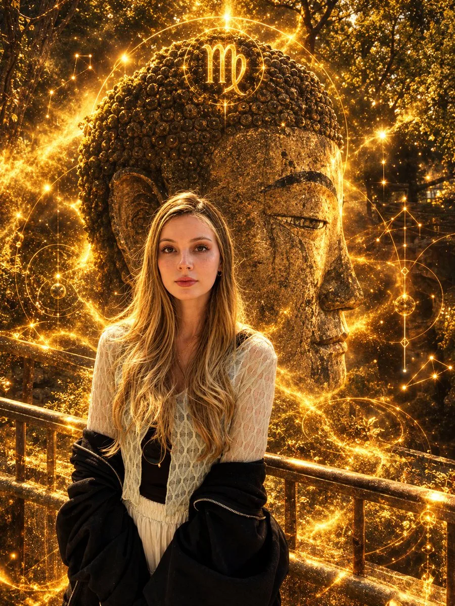A woman's face glowing with golden sacred geometry and cosmic energy.