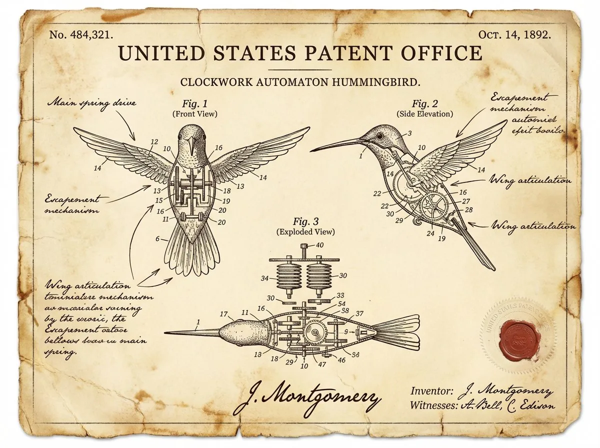 Aged vintage patent document with technical drawings and wax seal.