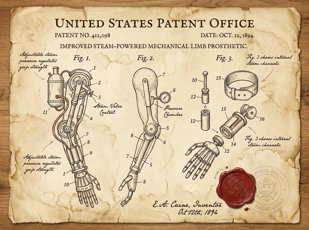 Aged vintage patent document with technical drawings and wax seal. (4)