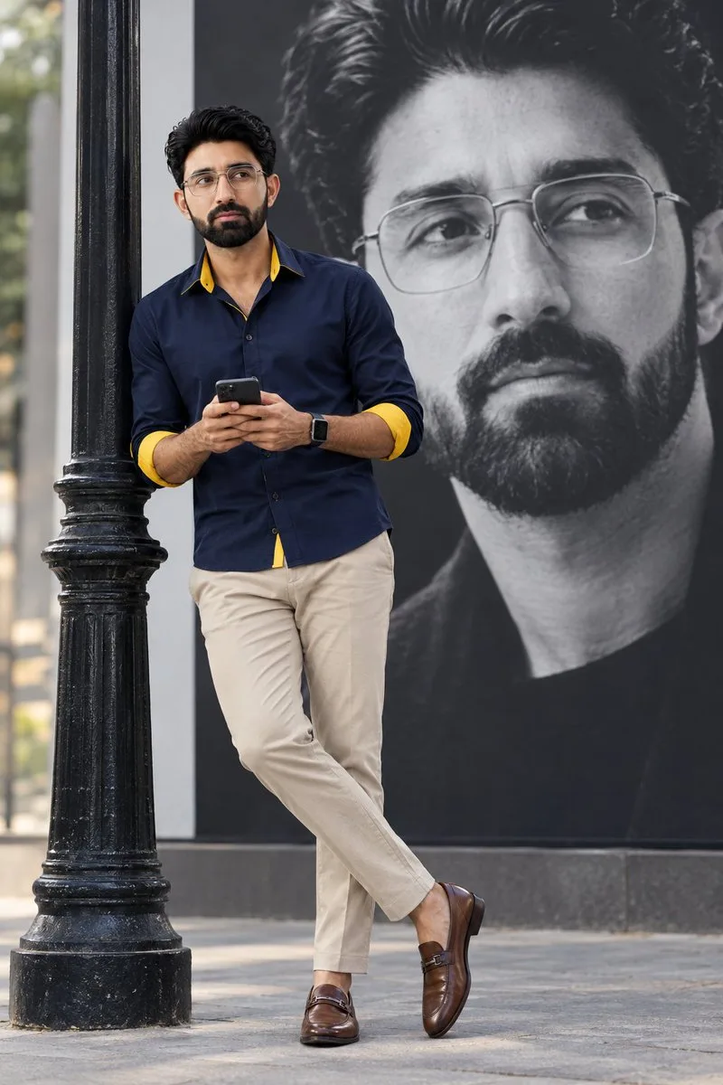 Stylish man posing next to a large black and white portrait mural outdoors.