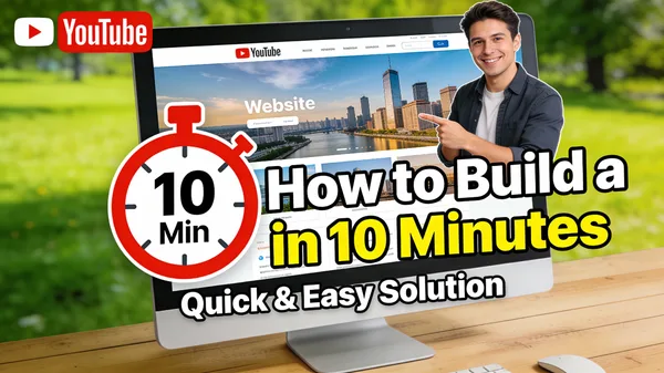 YouTuber pointing at a computer screen showing a website with a 10-minute timer icon.