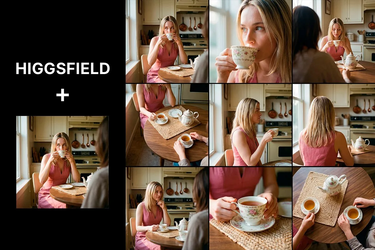 A grid of cinematic photos showing a woman enjoying tea in a sunlit kitchen.