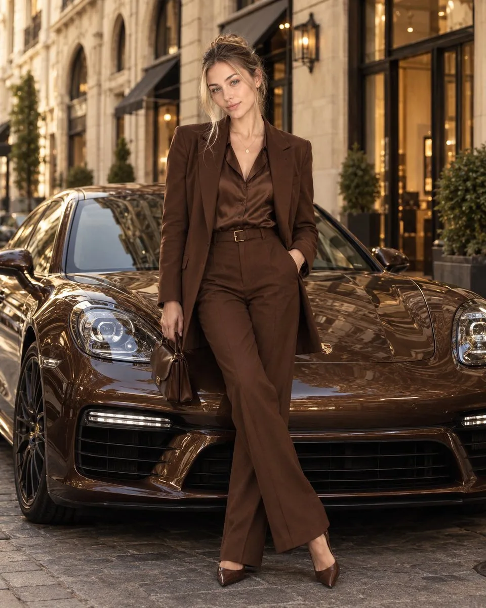 Elegant woman in a brown suit posing next to a luxury sports car on a city street.
