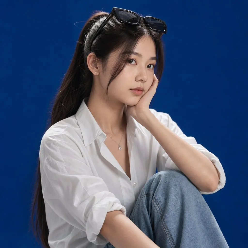 Young East Asian woman in a white shirt posing against a royal blue studio backdrop.
