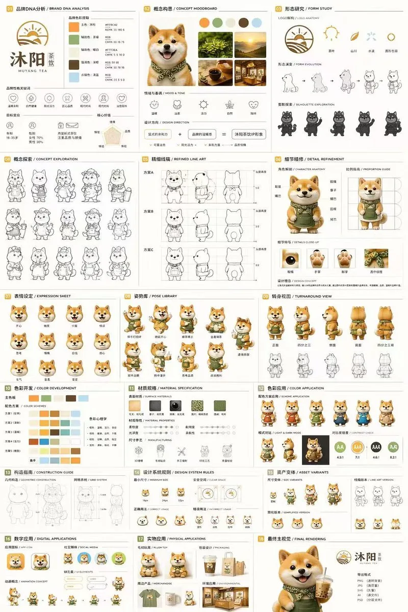 18-panel brand identity document featuring a cute 3D Shiba Inu mascot for Muyang Tea.