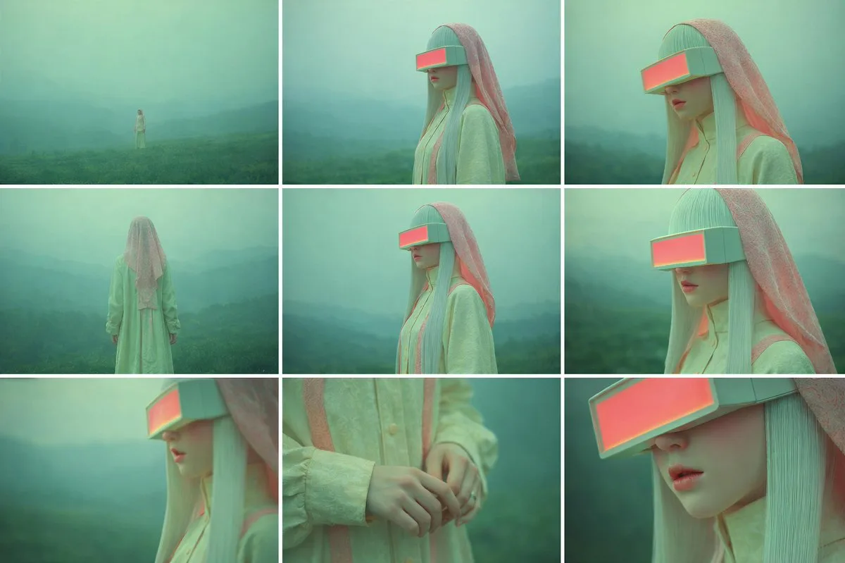 A 3x3 cinematic contact sheet showing a character in various camera angles and distances.