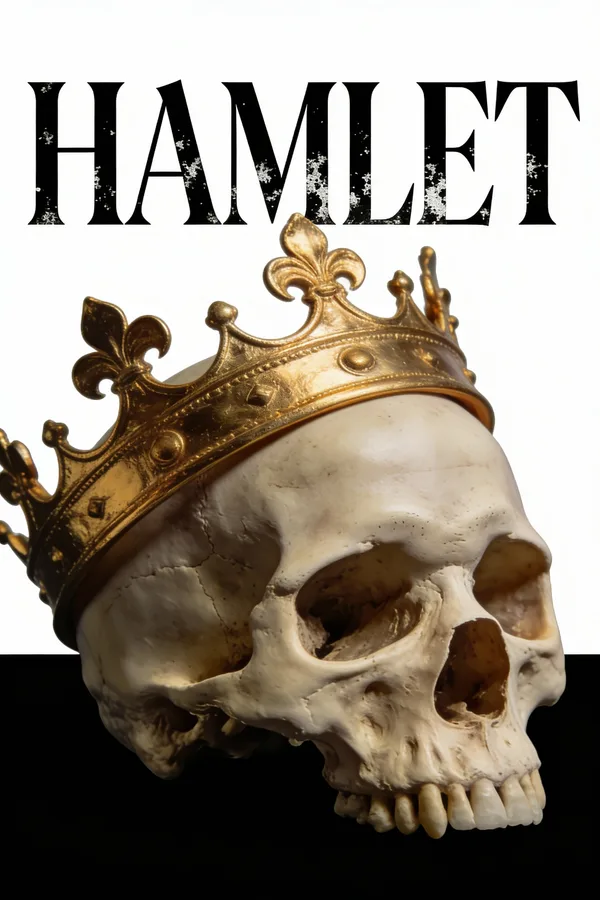A human skull wearing a golden crown on a black background, Hamlet theater poster.