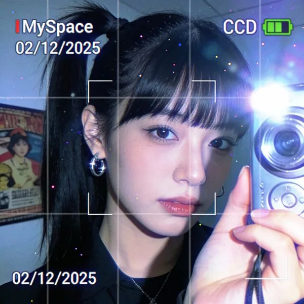 Y2K style digital camera selfie with blue purple filter and flash