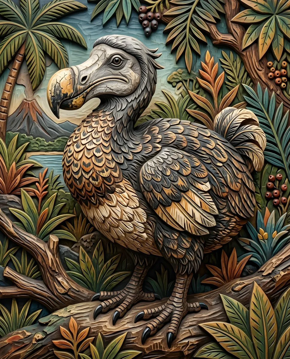A detailed digital illustration of a plump dodo bird with dark feathers and a curved beak.