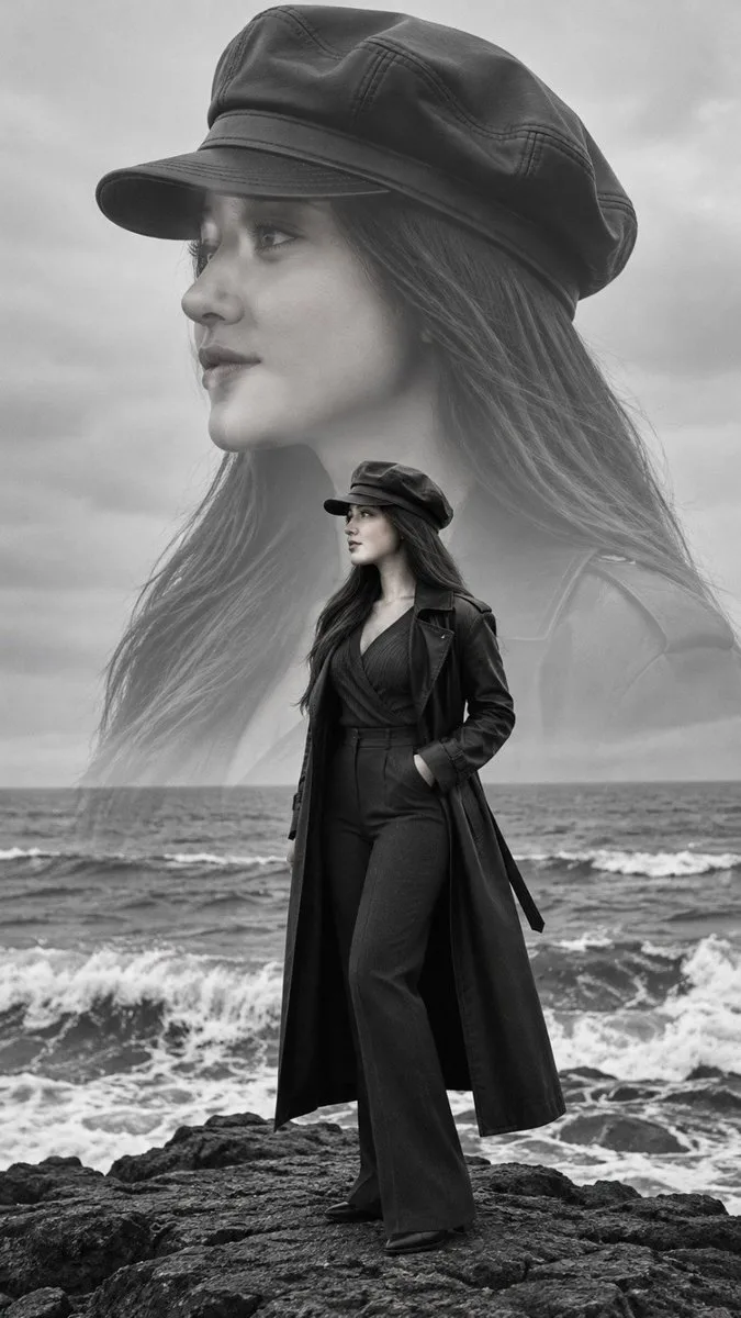 Monochrome double-exposure fashion portrait of a woman in a leather coat by the ocean.