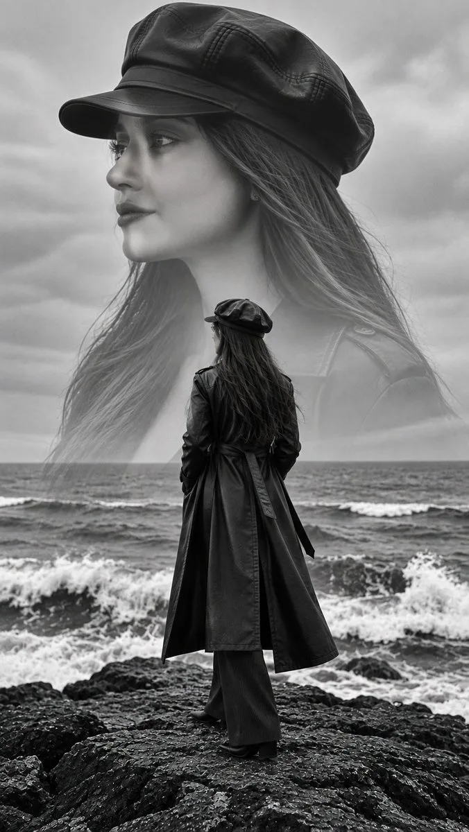 Monochrome double-exposure fashion portrait of a woman in a leather coat by the ocean. (2)