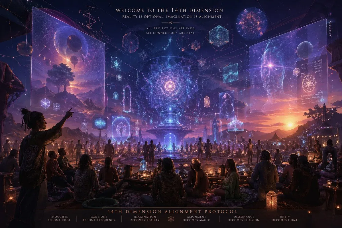 Surreal dusk gathering with multidimensional projections in a dreamlike landscape.