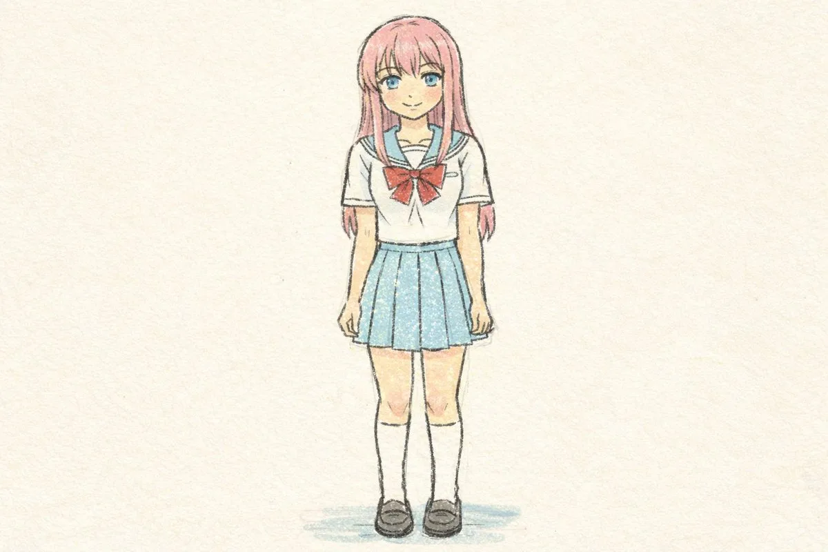 A rough, hand-drawn anime character sketch made with crayon lines.