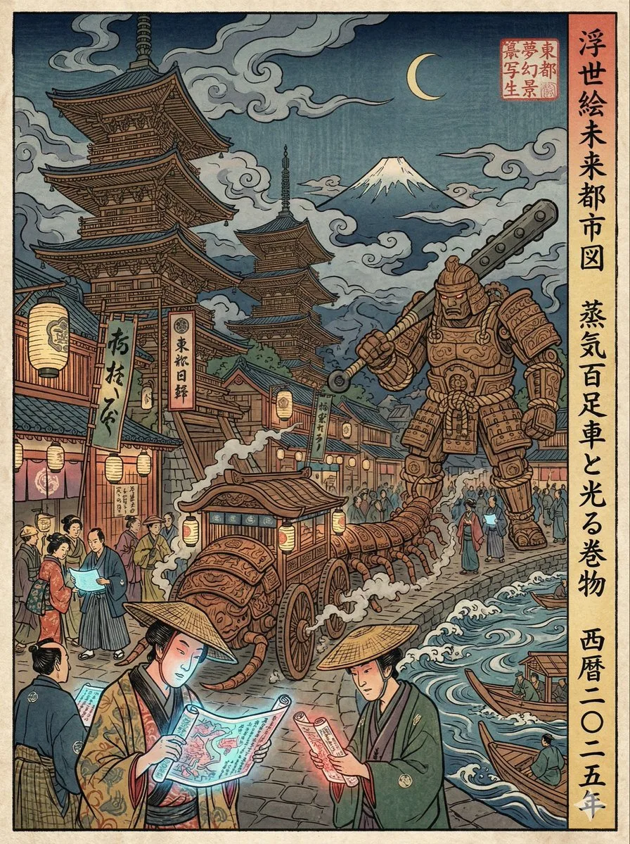 Ukiyo-e woodblock print of a modern Shibuya crossing reimagined with Edo-period architecture and technology.