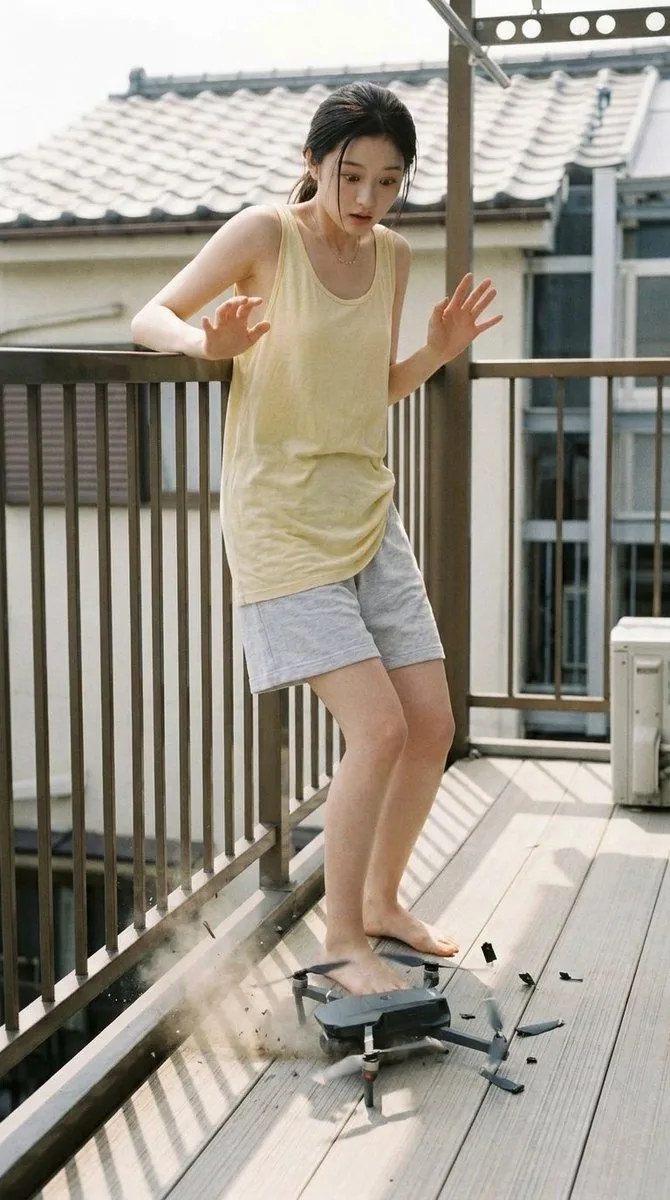 A woman reacting with shock as a bird flies past her face in a park. (2)