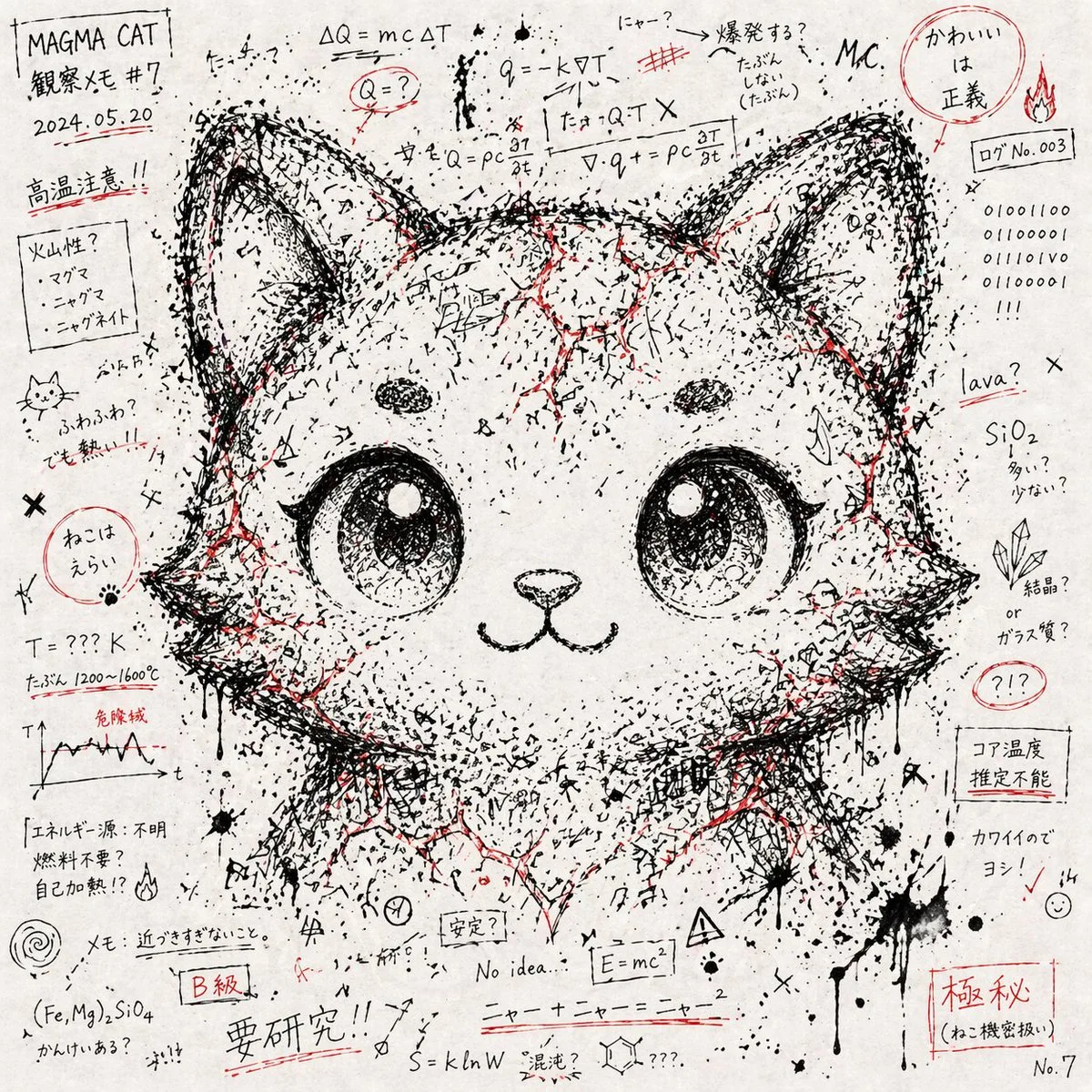 A face emerging from abstract ink scribbles, mathematical symbols, and red accents on paper.