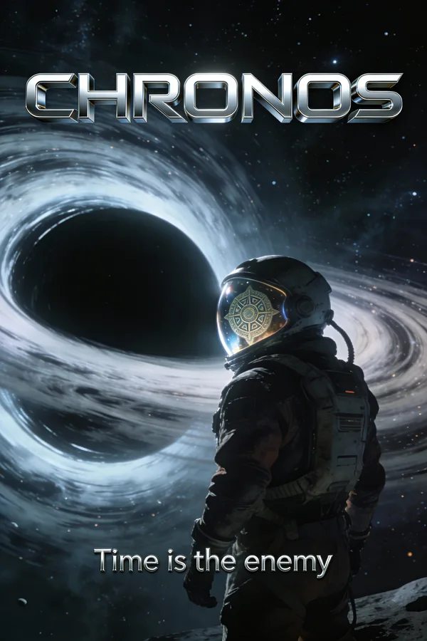 Cinematic sci-fi movie poster featuring an astronaut looking at a black hole.
