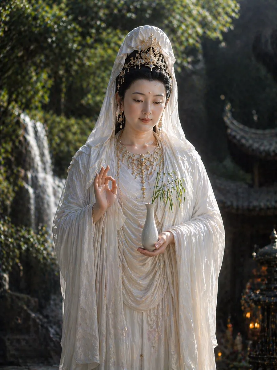 A realistic portrait of Guanyin Bodhisattva with detailed skin and traditional garments.