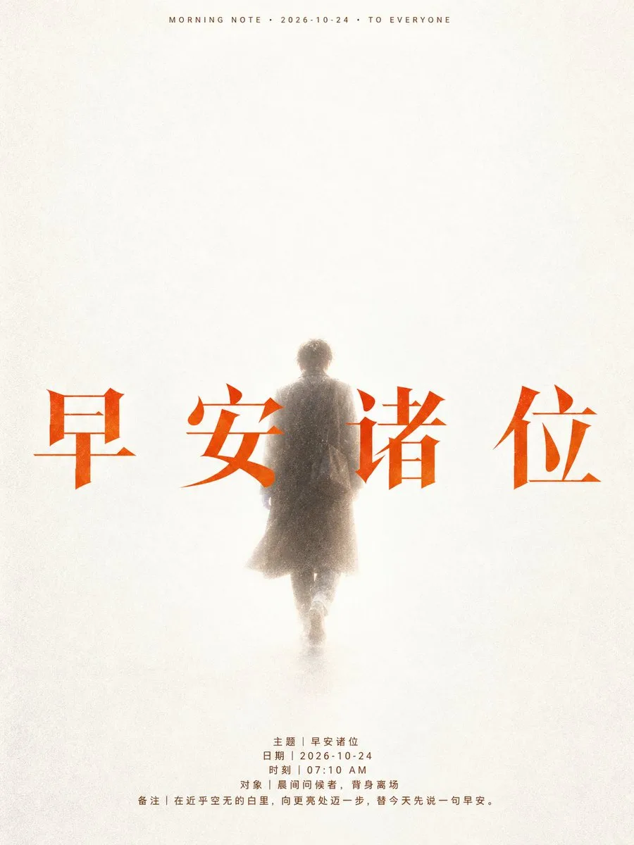 Minimalist poster with backlit silhouette walking into a bright white void and orange text.