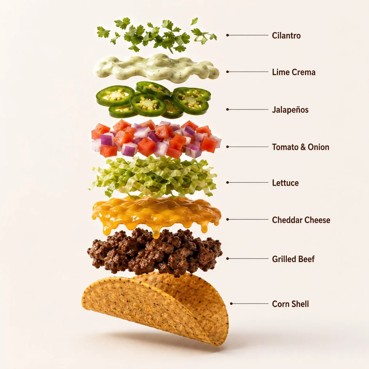 Exploded infographic of a loaded beef taco with floating ingredients against an orange background