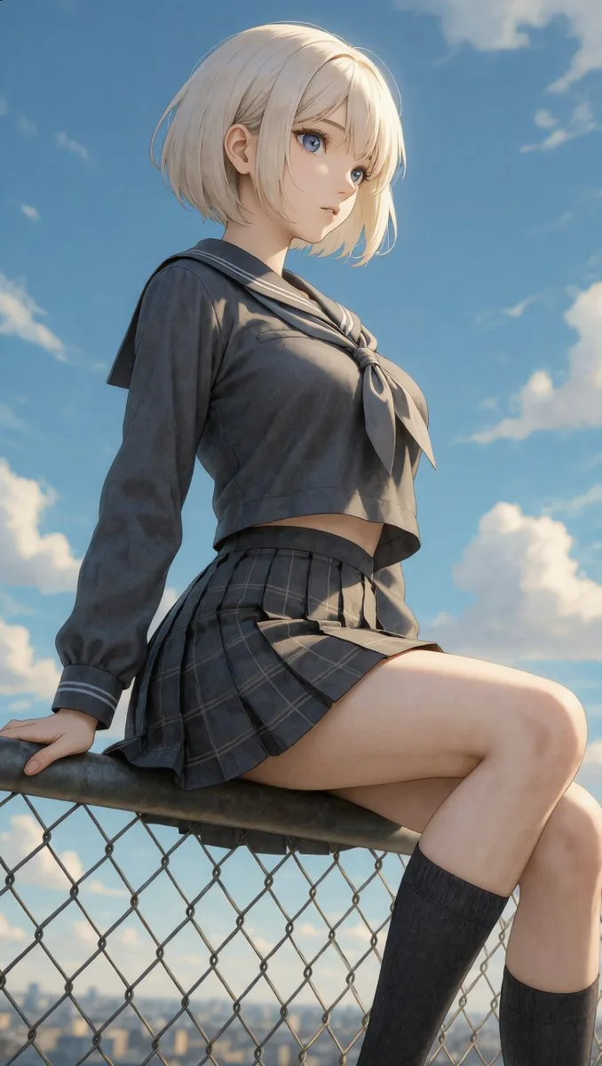 A girl looking up at the sky from a rooftop, expressing longing and liberation.