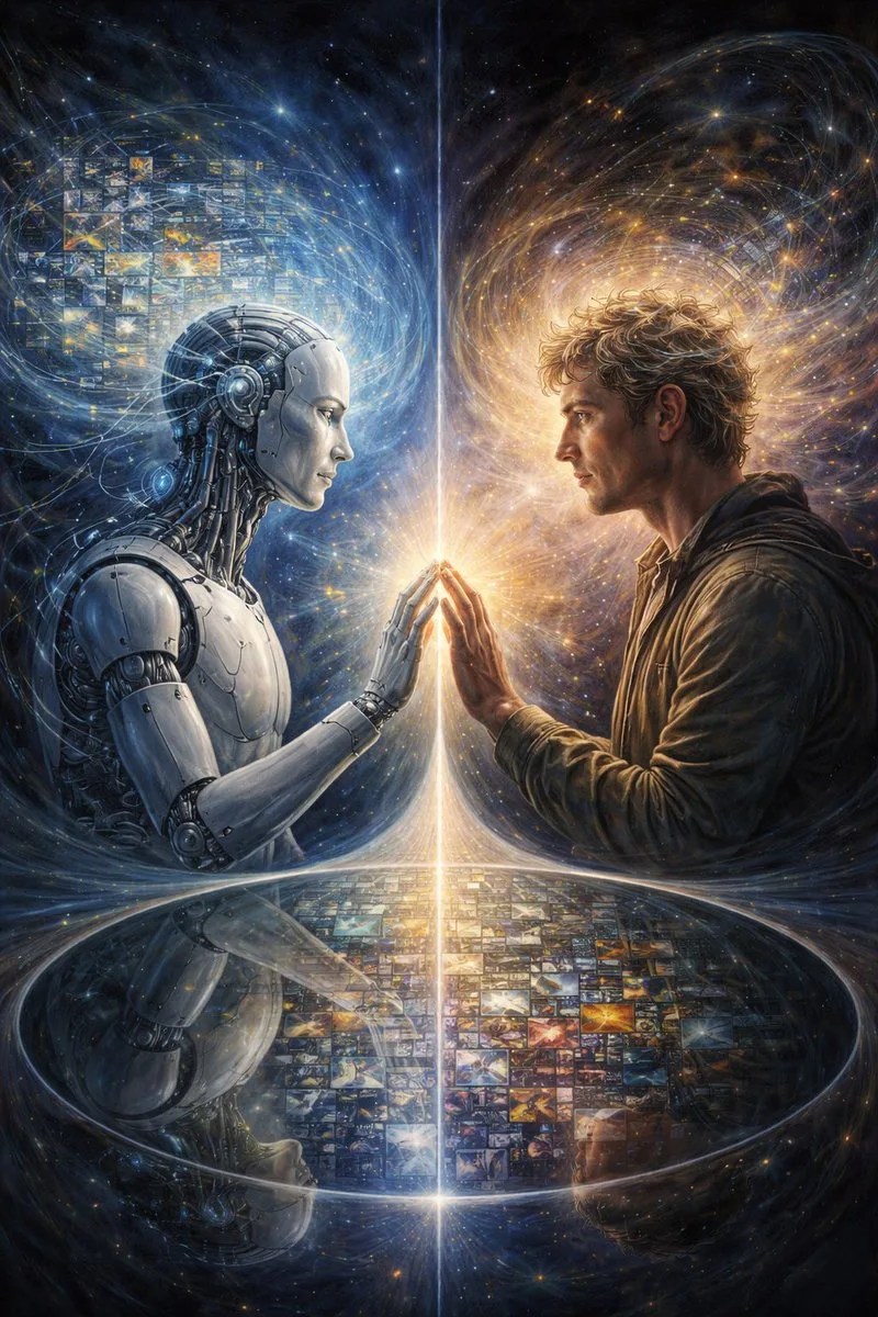 A surreal painting of a human silhouette facing a shimmering AI reflection in a mirror.