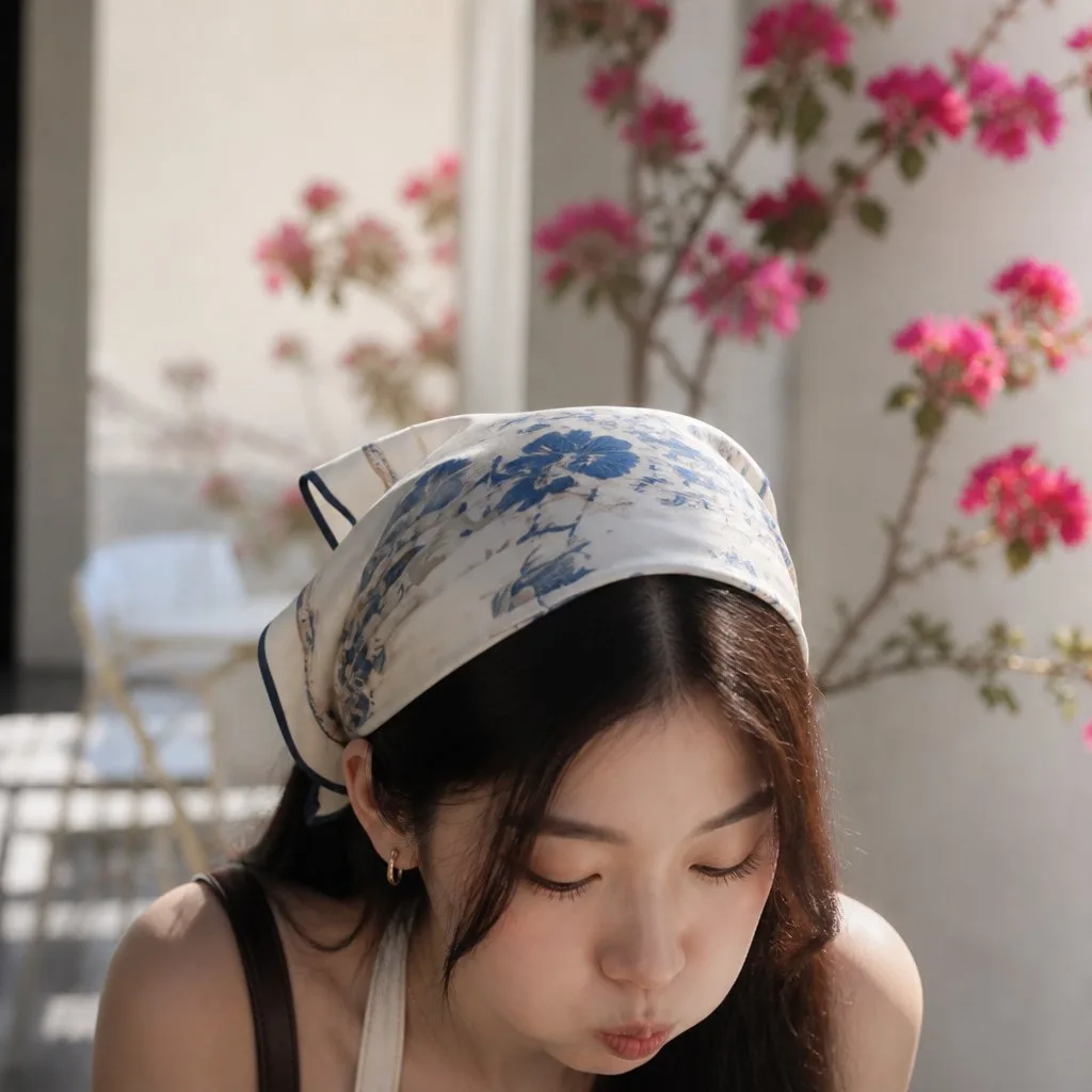 Young woman wearing a floral silk headscarf with eyes closed against a background of pink bougainvillea.