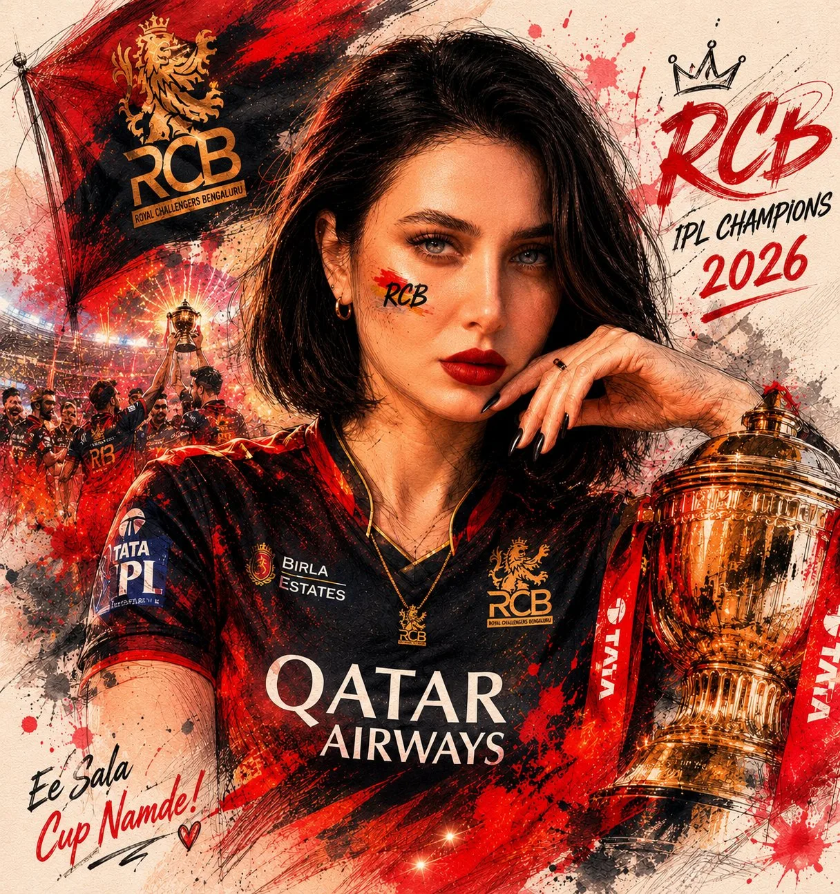 A woman in an RCB cricket jersey holding the IPL trophy in a mixed-media sports poster.