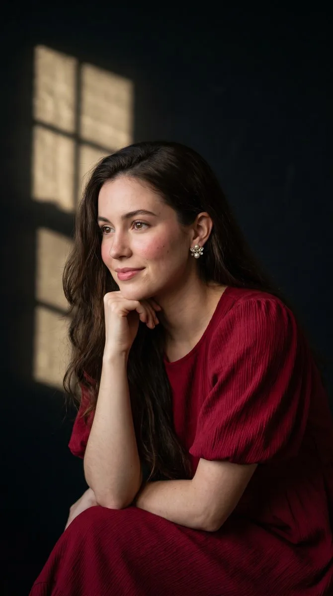 Portrait of a woman in a crimson dress with dramatic window light shadows.