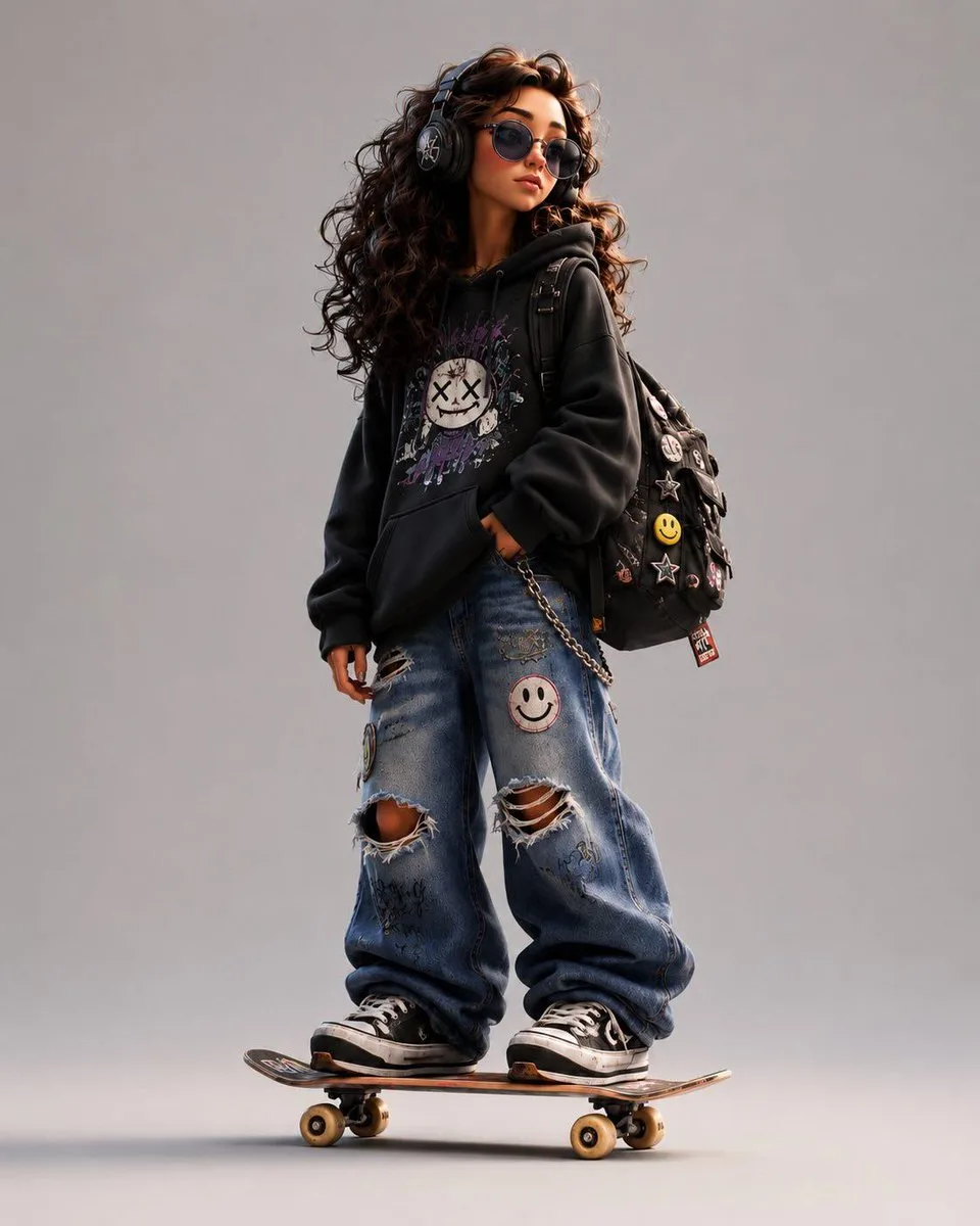 Stylized 3D cartoon skater character in pink hoodie and baggy jeans with a skateboard.