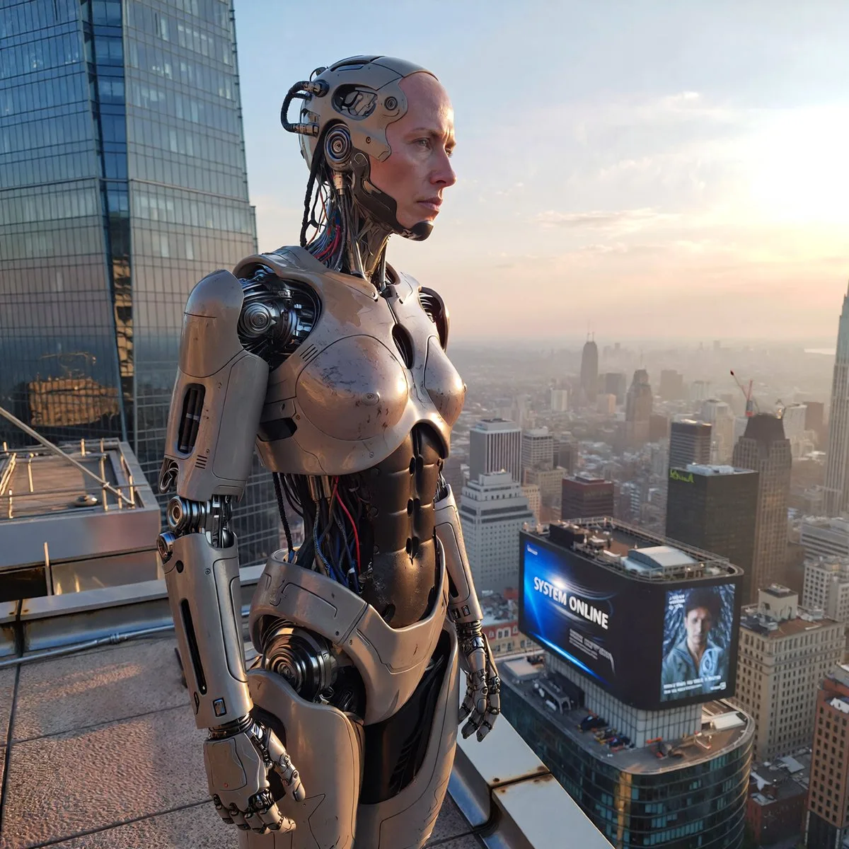 A humanoid robot standing on a rooftop overlooking a city at dawn.