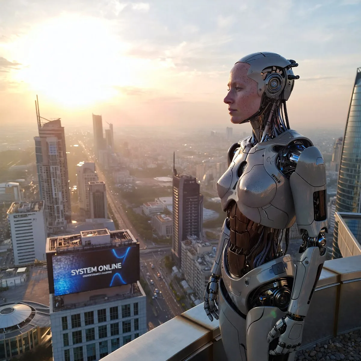 A humanoid robot standing on a rooftop overlooking a city at dawn. (2)