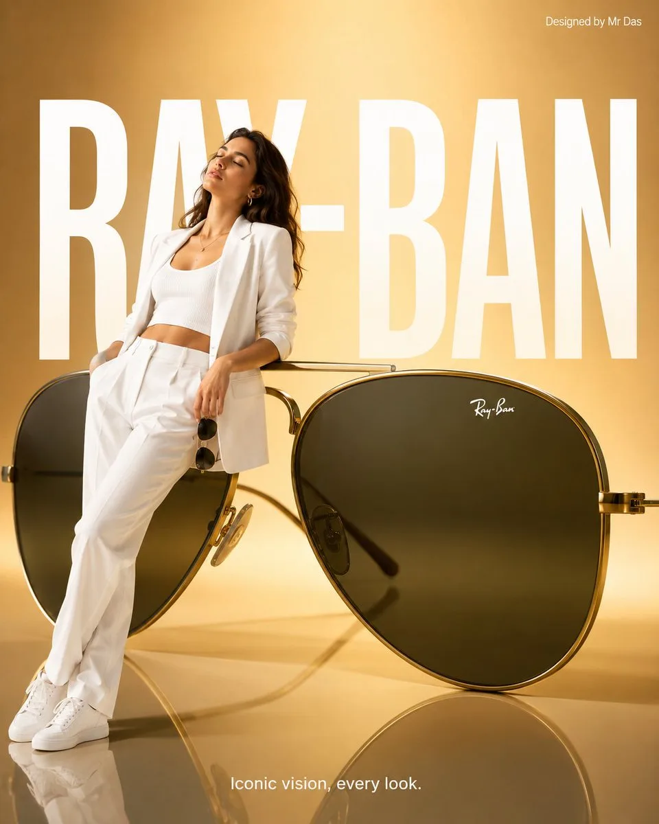 A woman posing with oversized Ray-Ban Aviator sunglasses in a minimalist studio setting.