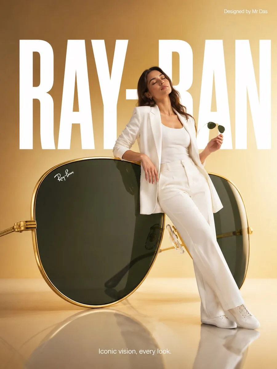 A woman posing with oversized Ray-Ban Aviator sunglasses in a minimalist studio setting. (2)