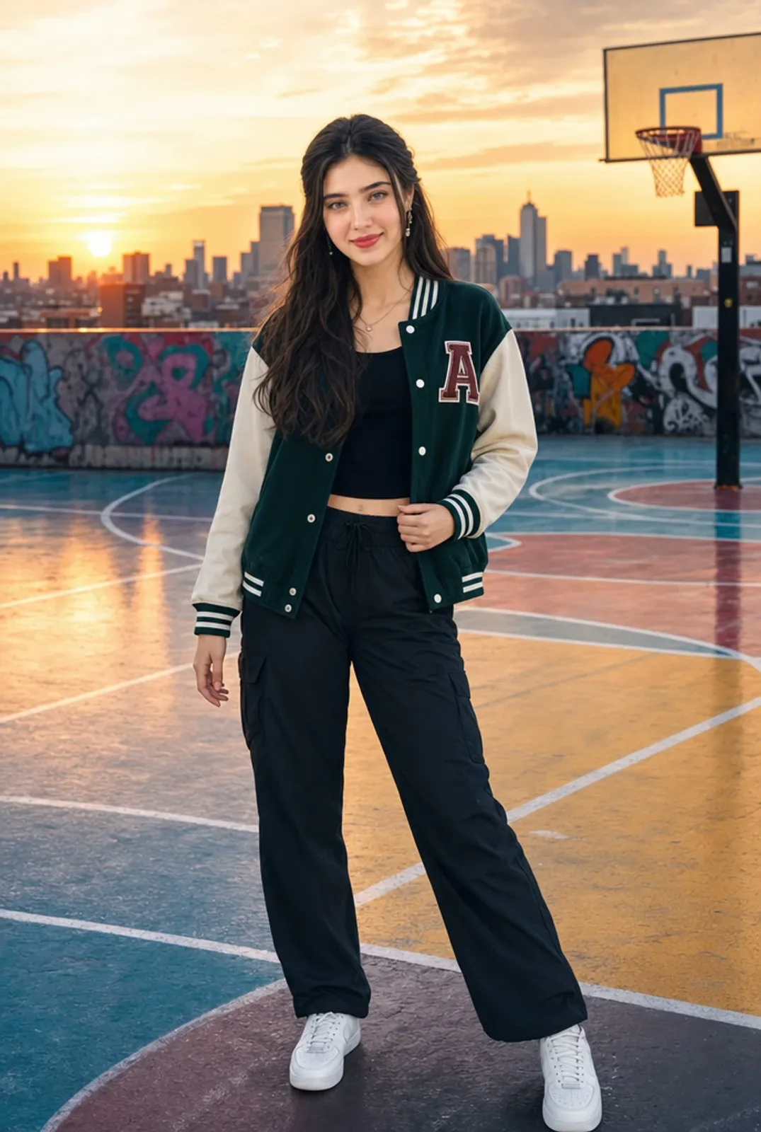 Stylish young South Asian woman smiling on an urban rooftop basketball court at sunset.