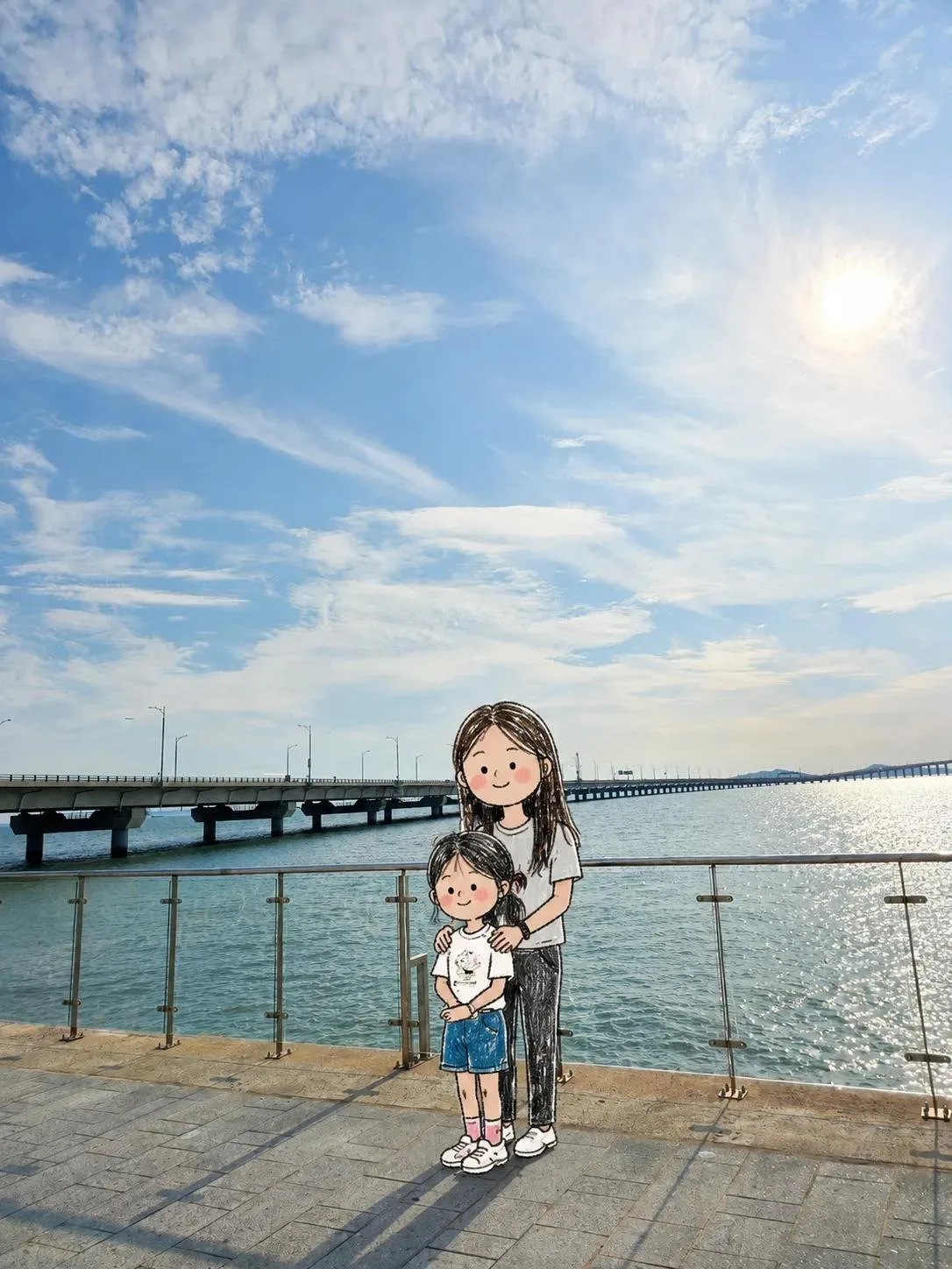 Cute hand-drawn doodle characters superimposed onto a realistic photographic background.