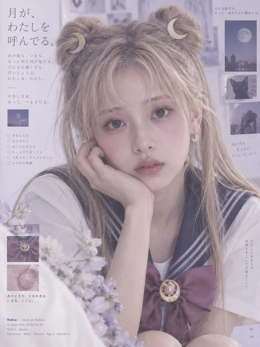 Soft Japanese magazine style portrait with low saturation purple and gray tones.
