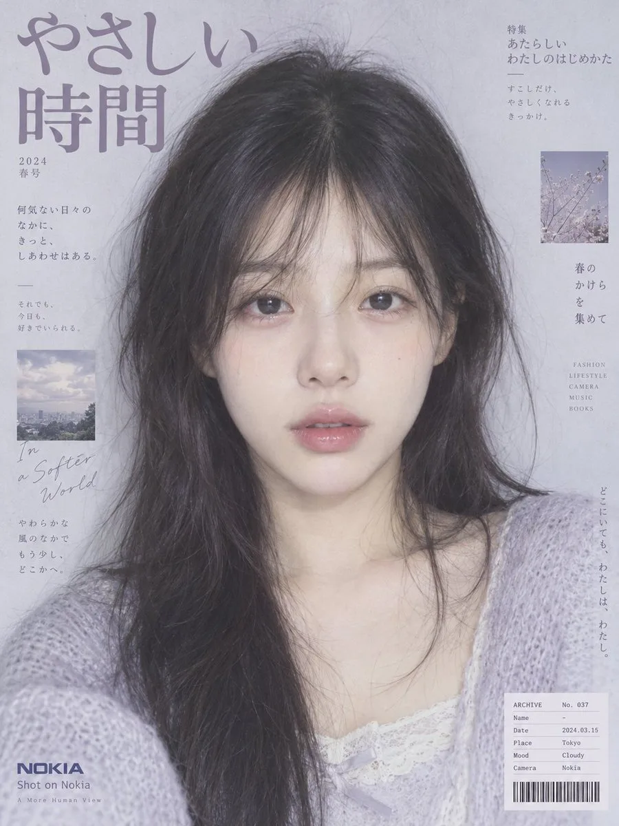 Soft Japanese magazine style portrait with low saturation purple and gray tones. (2)