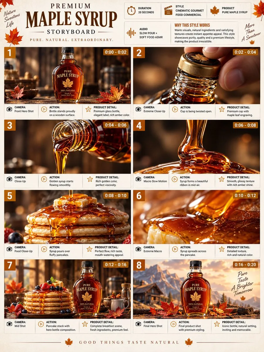 A luxury food commercial storyboard featuring maple syrup bottle shots and golden pours.
