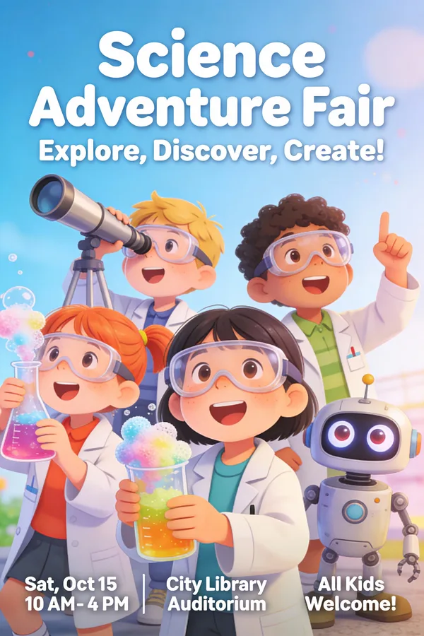 Cartoon children as scientists with robots and beakers for a science fair poster.