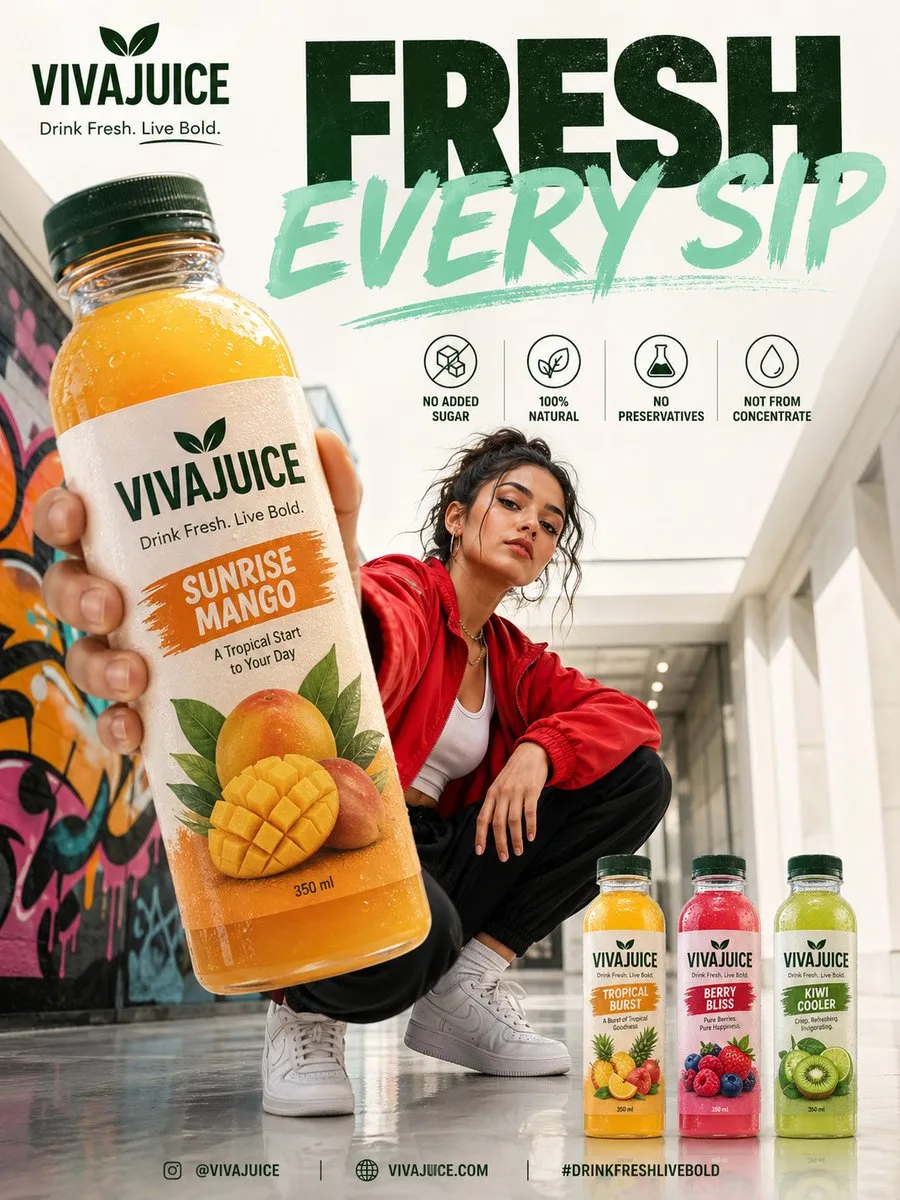 Stylish woman posing with a VIVAJUICE bottle in a modern urban hallway.