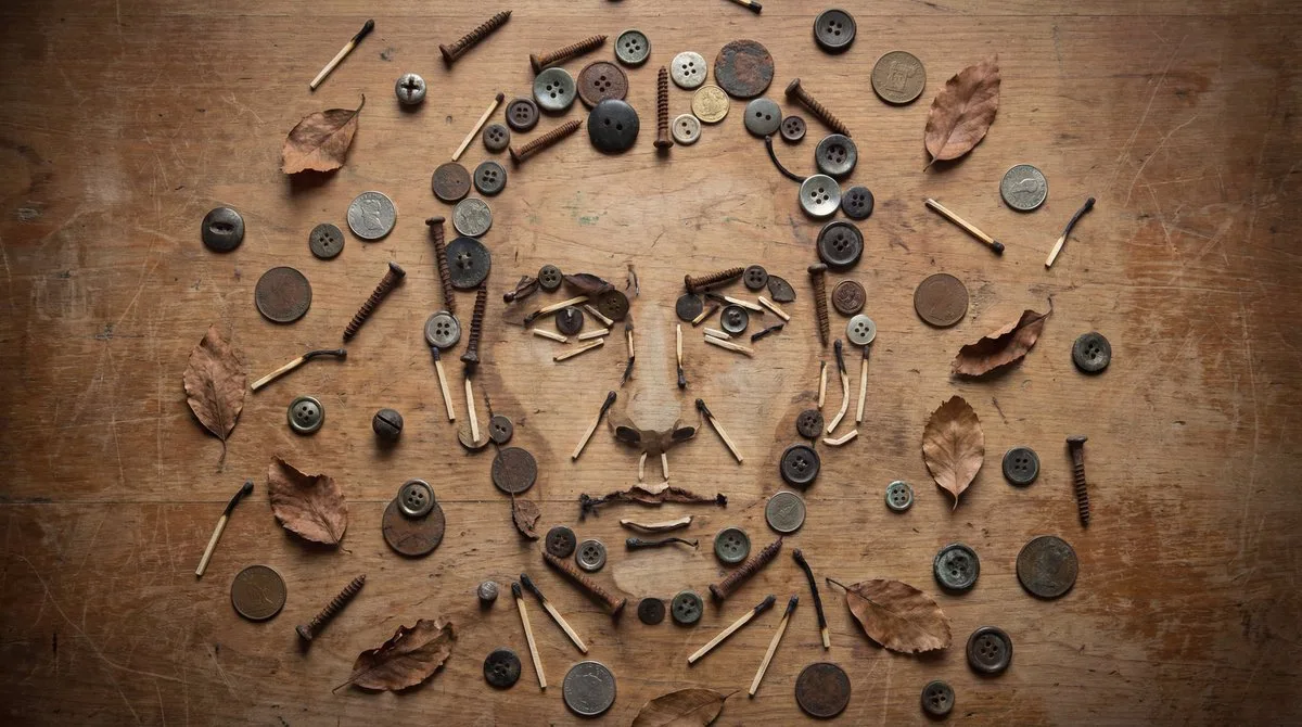A human face portrait formed by scattered buttons, coins, and leaves on a wooden table.